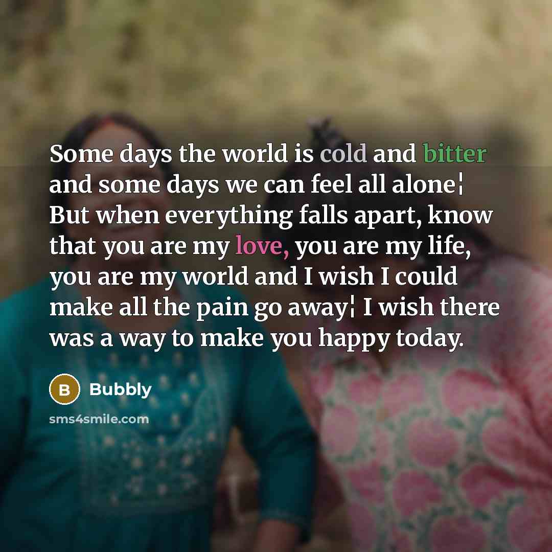 “Some days the world is cold and bitter and some days we can feel all alone¦ But when everything falls apart, know that you are my love, you are my life, you are my world and I wish I could make all the pain go away¦ I wish there was a way to make you happy today.” quote by Bubbly