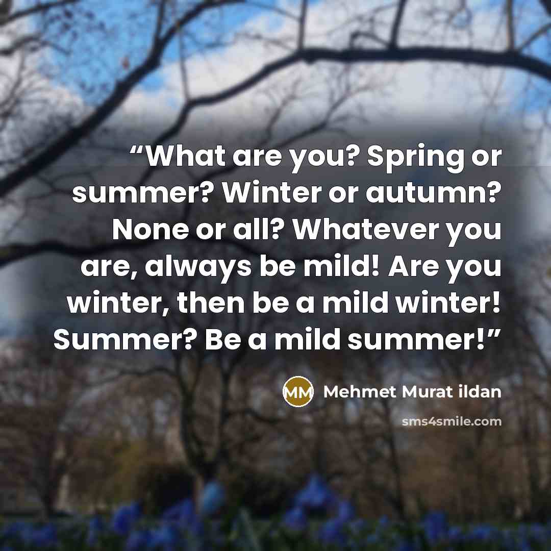 “What are you? Spring or summer? Winter or autumn? None or all? Whatever you are, always be mild! Are you winter, then be a mild winter! Summer? Be a mild summer!” quote by Mehmet Murat ildan