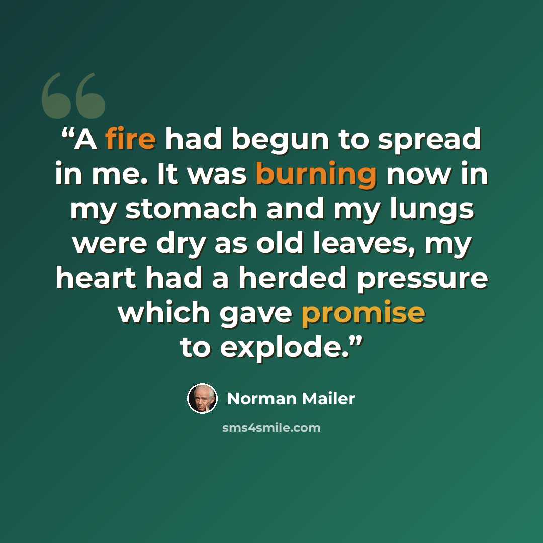“A fire had begun to spread in me. It was burning now in my stomach and my lungs were dry as old leaves, my heart had a herded pressure which gave promise to explode.” quote by Norman Mailer