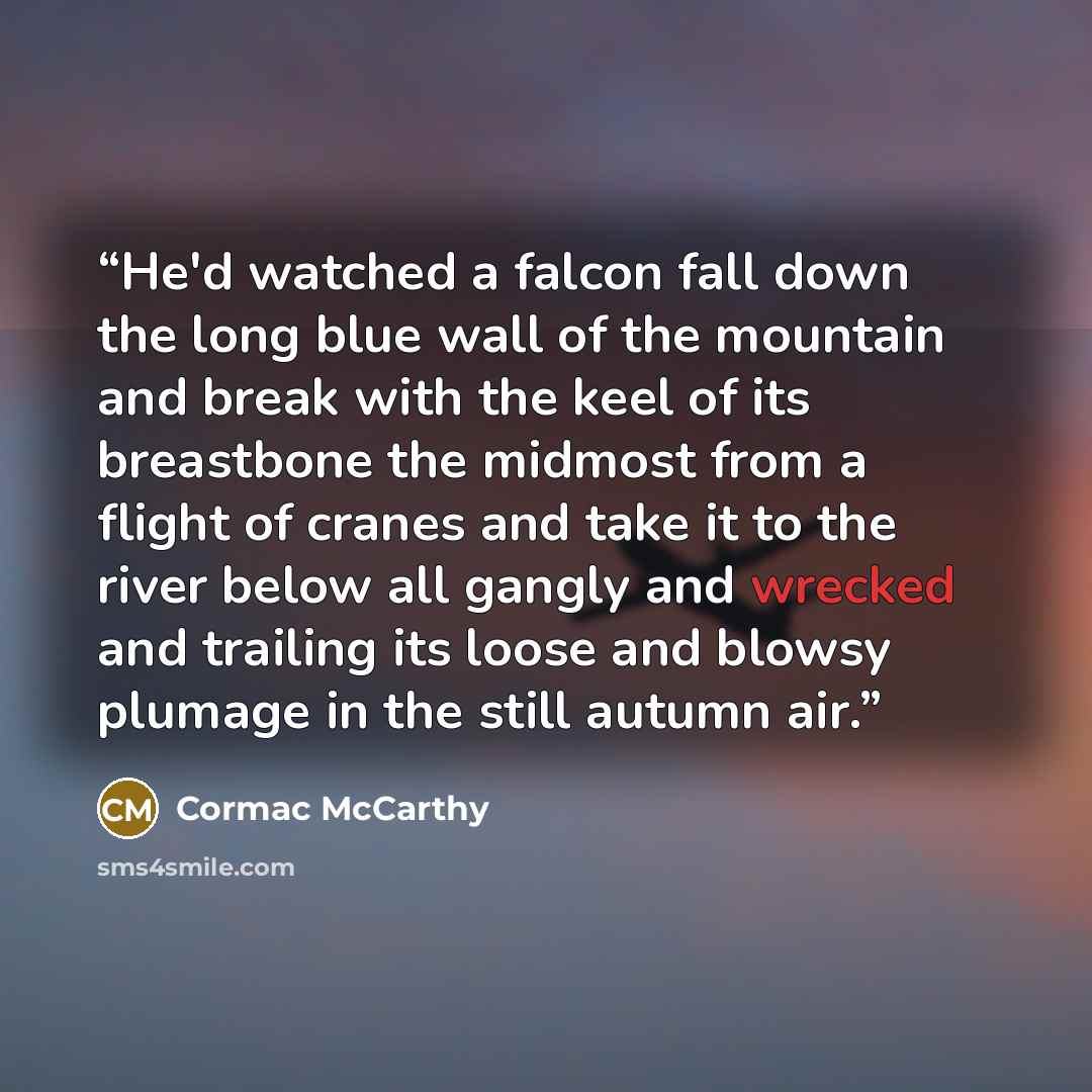 “He'd watched a falcon fall down the long blue wall of the mountain and break with the keel of its breastbone the midmost from a flight of cranes and take it to the river below all gangly and wrecked and trailing its loose and blowsy plumage in the still autumn air.” quote by Cormac McCarthy