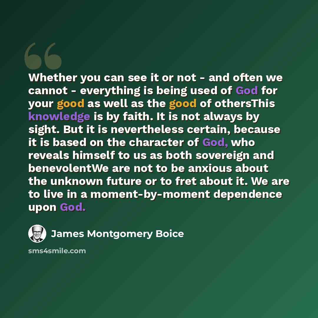 “Whether you can see it or not - and often we cannot - everything is being used of God for your good as well as the good of othersThis knowledge is by faith. It is not always by sight. But it is nevertheless certain, because it is based on the character of God, who reveals himself to us as both…” quote by James Montgomery Boice