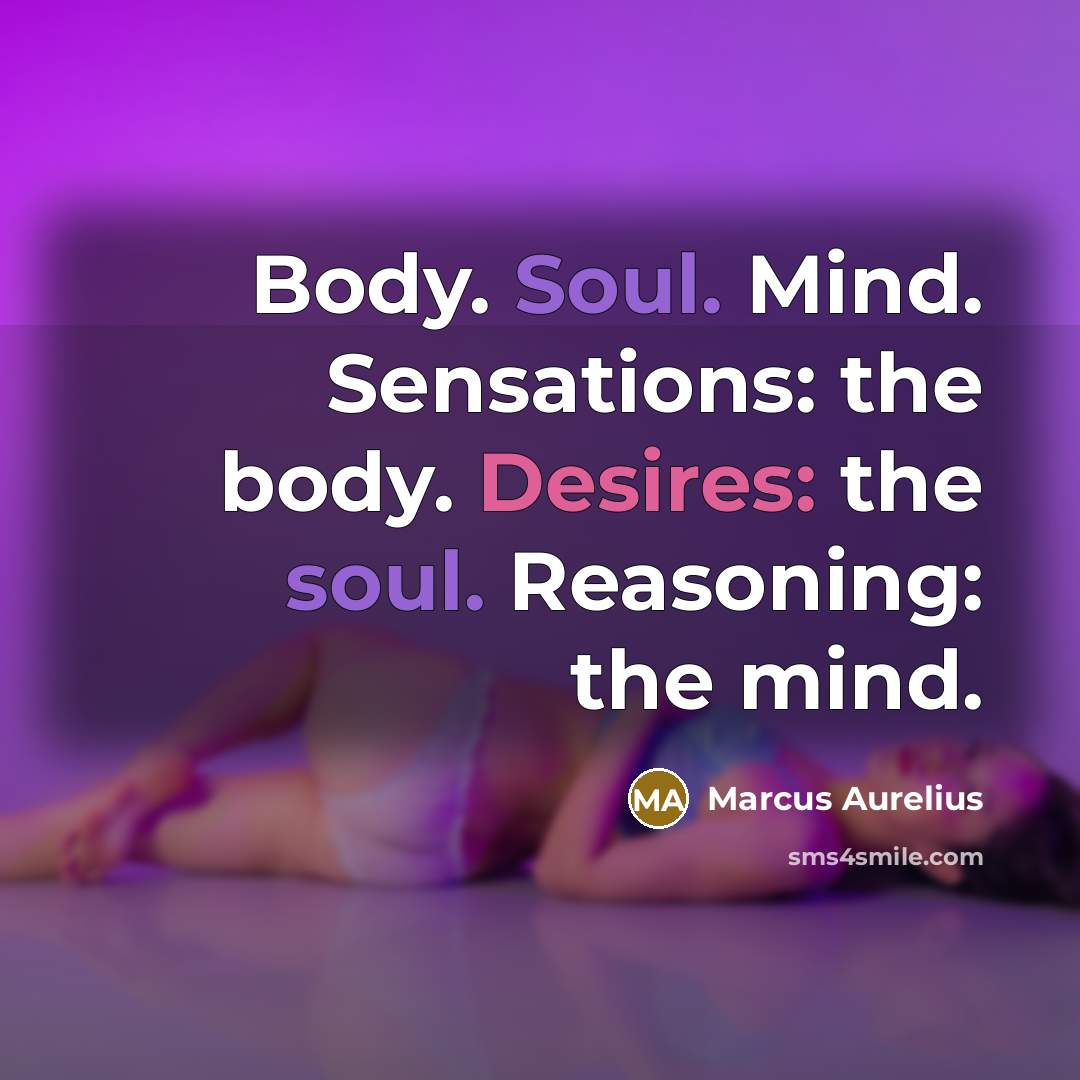 “Body. Soul. Mind. Sensations: the body. Desires: the soul. Reasoning: the mind.” quote by Marcus Aurelius