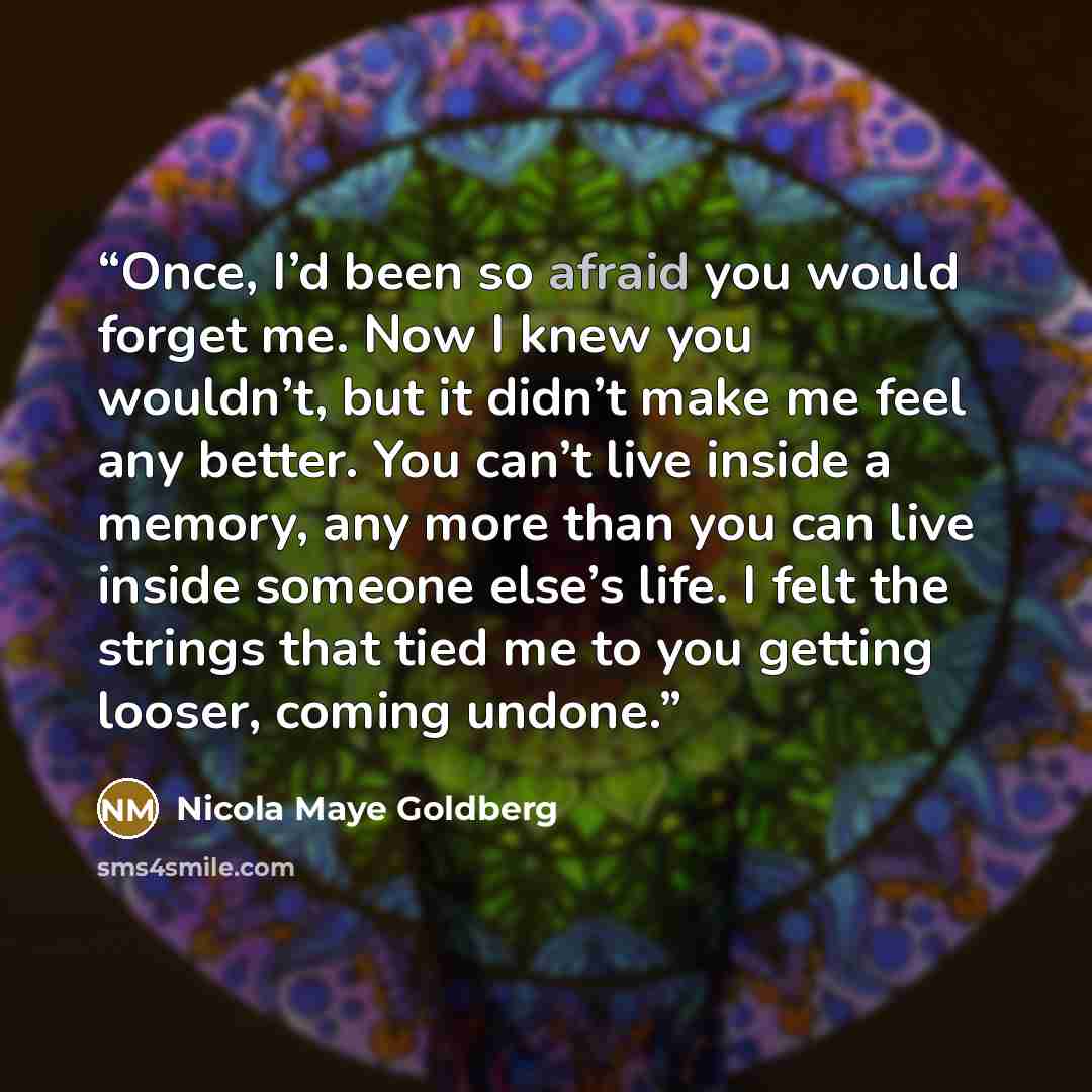 “Once, I’d been so afraid you would forget me. Now I knew you wouldn’t, but it didn’t make me feel any better. You can’t live inside a memory, any more than you can live inside someone else’s life. I felt the strings that tied me to you getting looser, coming undone.” quote by Nicola Maye Goldberg