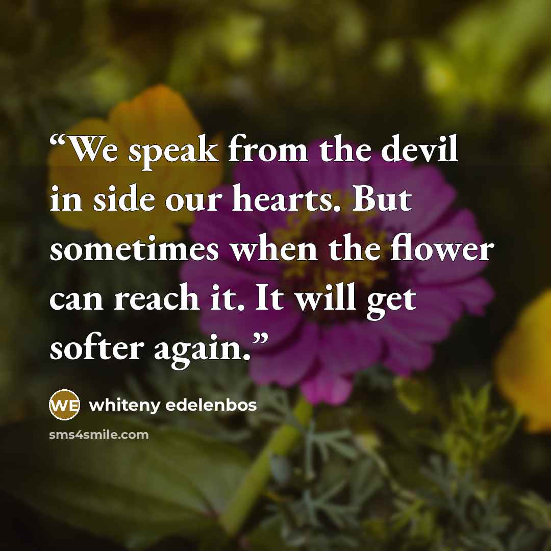 “We speak from the devil in side our hearts. But sometimes when the flower can reach it. It will get softer again.” quote by whiteny edelenbos