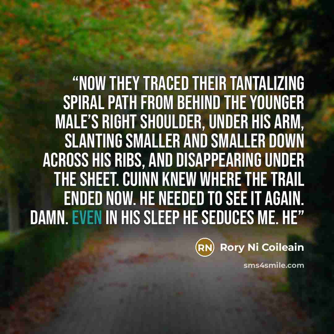 “Now they traced their tantalizing spiral path from behind the younger male’s right shoulder, under his arm, slanting smaller and smaller down across his ribs, and disappearing under the sheet. Cuinn knew where the trail ended now. He needed to see it again. Damn. Even in his sleep he seduces me. He” quote by Rory Ni Coileain