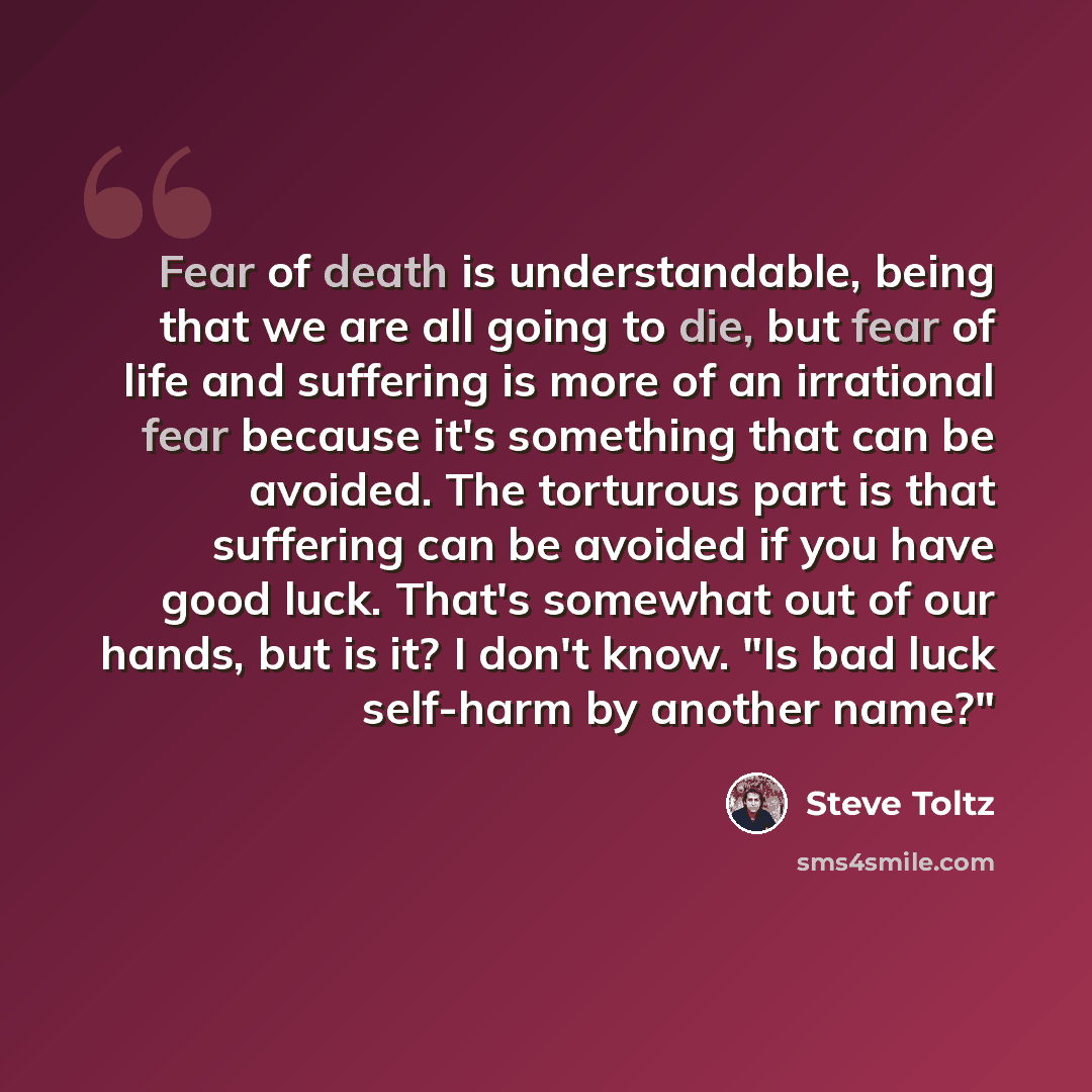“Fear of death is understandable, being that we are all going to die, but fear of life and suffering is more of an irrational fear because it's something that can be avoided. The torturous part is that suffering can be avoided if you have good luck. That's somewhat out of our hands, but is it? I…” quote by Steve Toltz