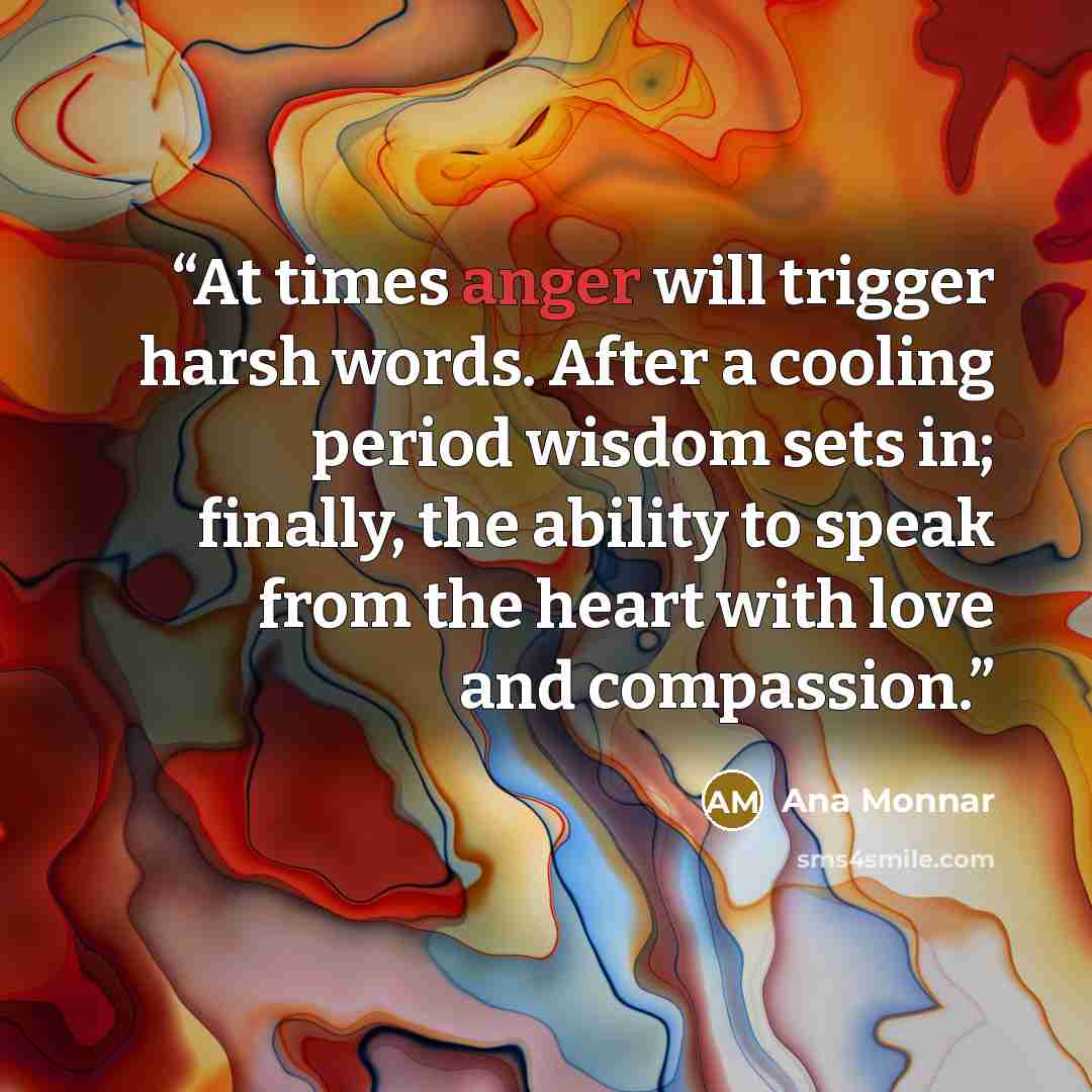 “At times anger will trigger harsh words. After a cooling period wisdom sets in; finally, the ability to speak from the heart with love and compassion.” quote by Ana Monnar