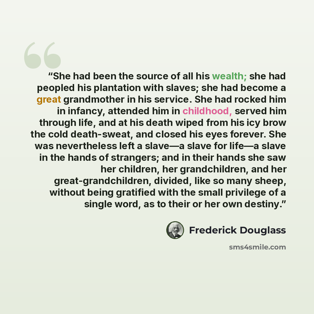 “She had been the source of all his wealth; she had peopled his plantation with slaves; she had become a great grandmother in his service. She had rocked him in infancy, attended him in childhood, served him through life, and at his death wiped from his icy brow the cold death-sweat, and closed his…” quote by Frederick Douglass