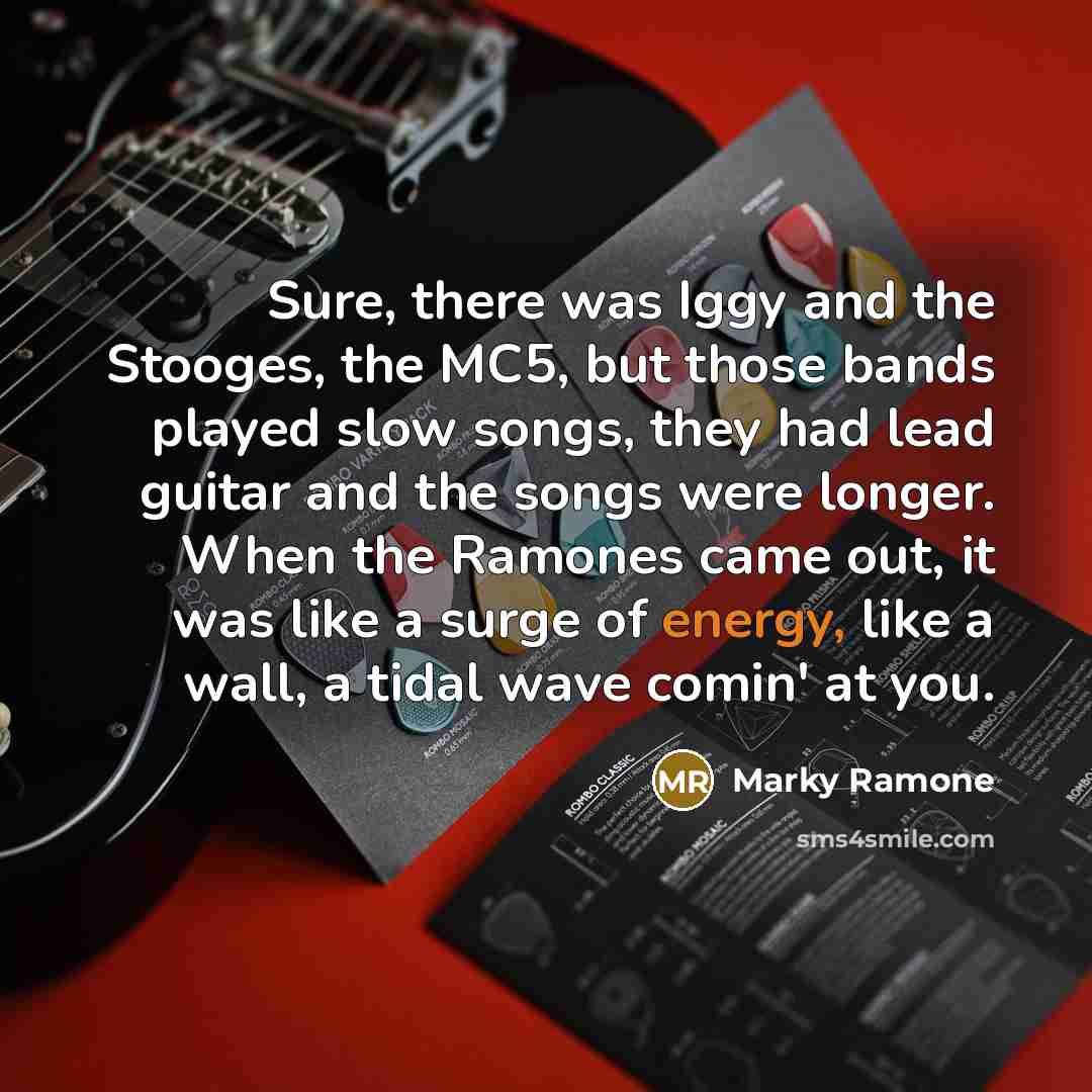 “Sure, there was Iggy and the Stooges, the MC5, but those bands played slow songs, they had lead guitar and the songs were longer. When the Ramones came out, it was like a surge of energy, like a wall, a tidal wave comin' at you.” quote by Marky Ramone