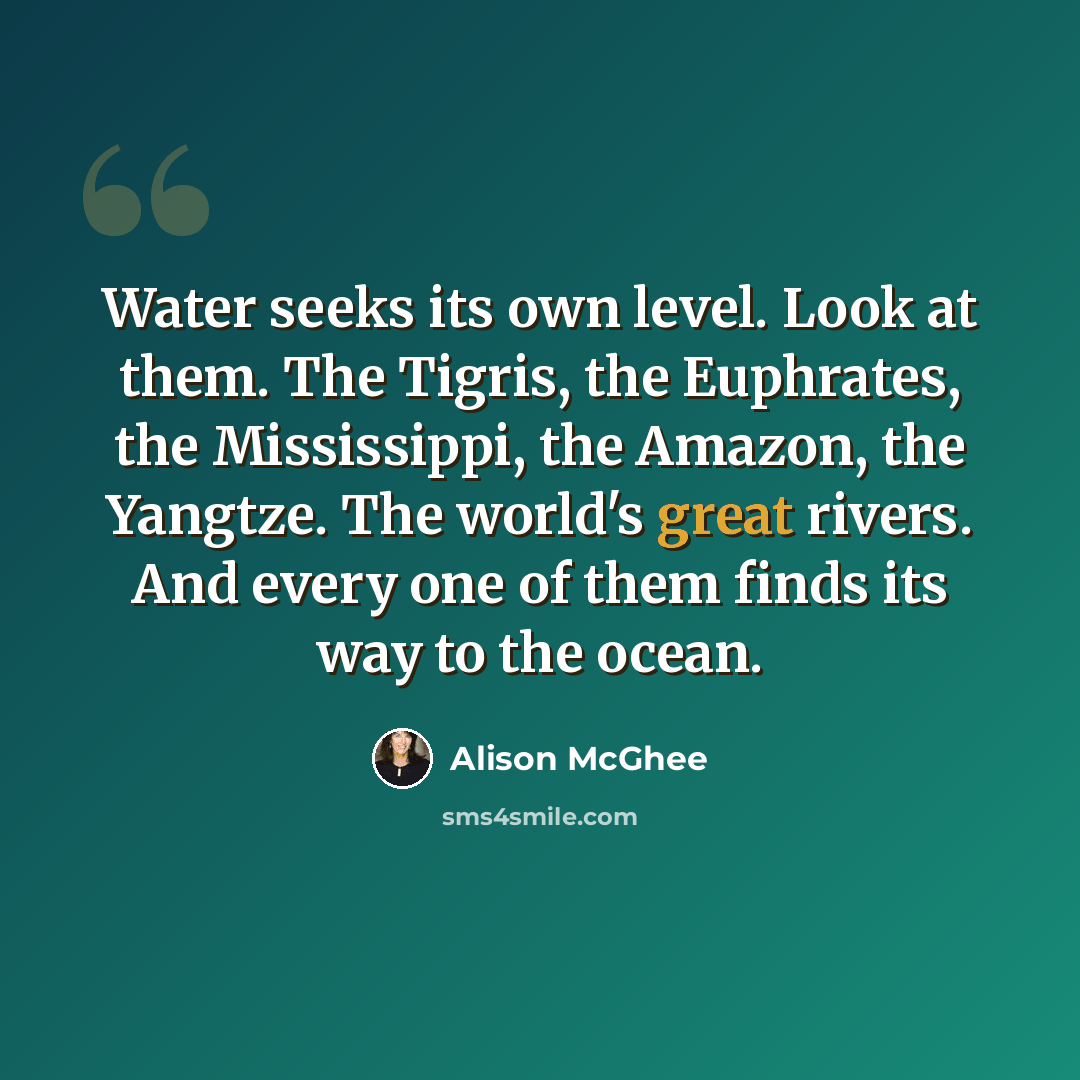 “Water seeks its own level. Look at them. The Tigris, the Euphrates, the Mississippi, the Amazon, the Yangtze. The world's great rivers. And every one of them finds its way to the ocean.” quote by Alison McGhee