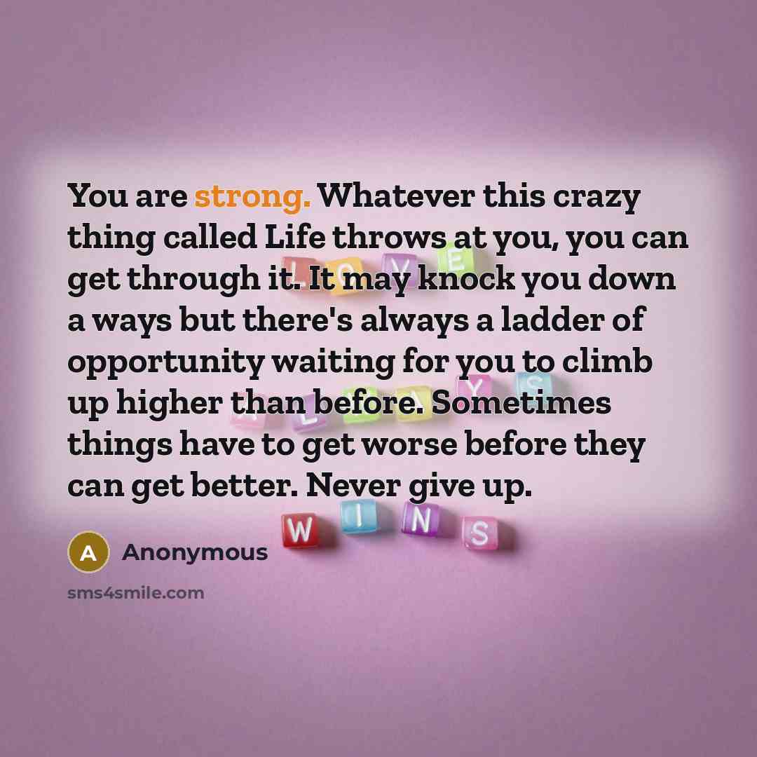 “You are strong. Whatever this crazy thing called Life throws at you, you can get through it. It may knock you down a ways but there's always a ladder of opportunity waiting for you to climb up higher than before. Sometimes things have to get worse before they can get better. Never give up.” quote by Anonymous