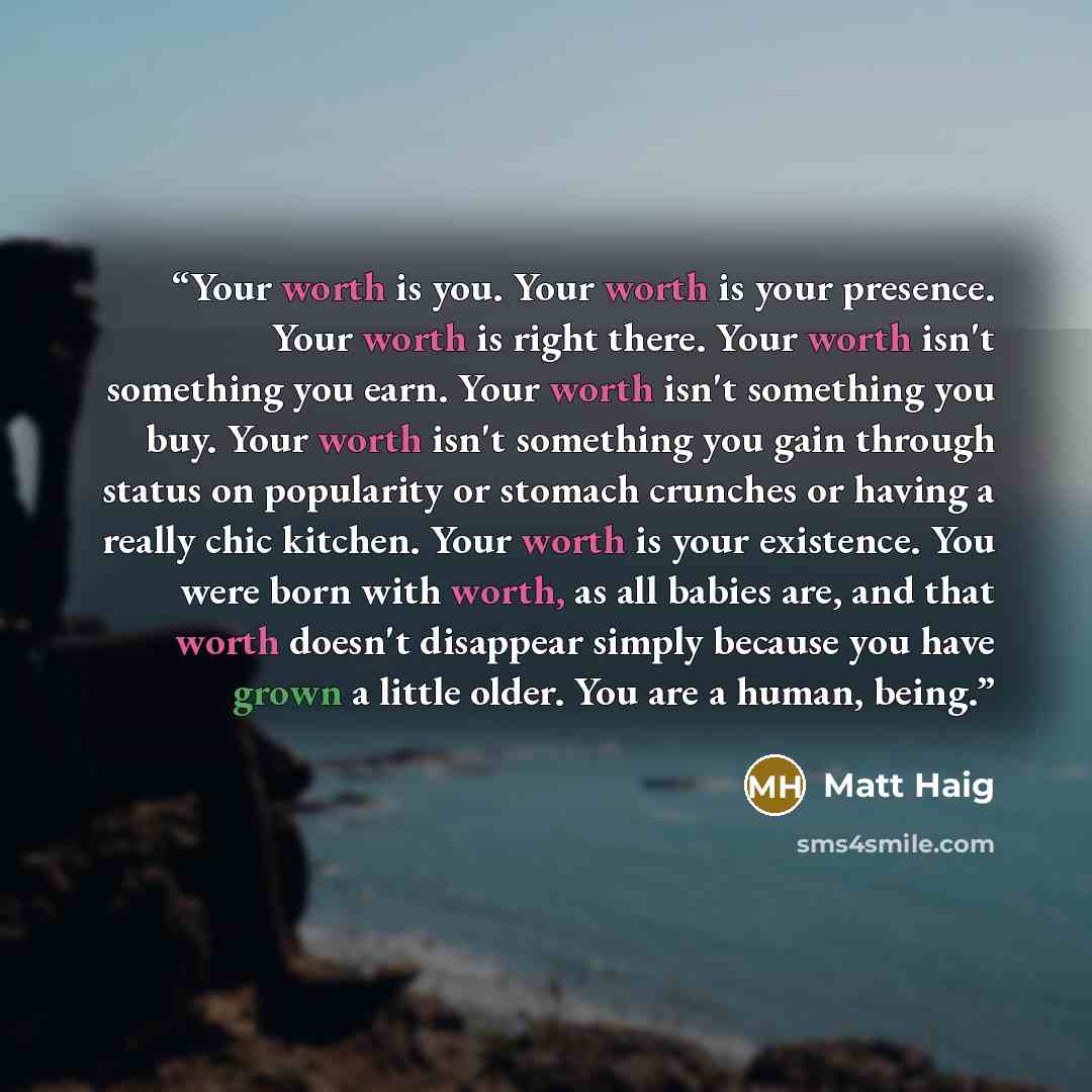 “Your worth is you. Your worth is your presence. Your worth is right there. Your worth isn't something you earn. Your worth isn't something you buy. Your worth isn't something you gain through status on popularity or stomach crunches or having a really chic kitchen. Your worth is your existence…” quote by Matt Haig