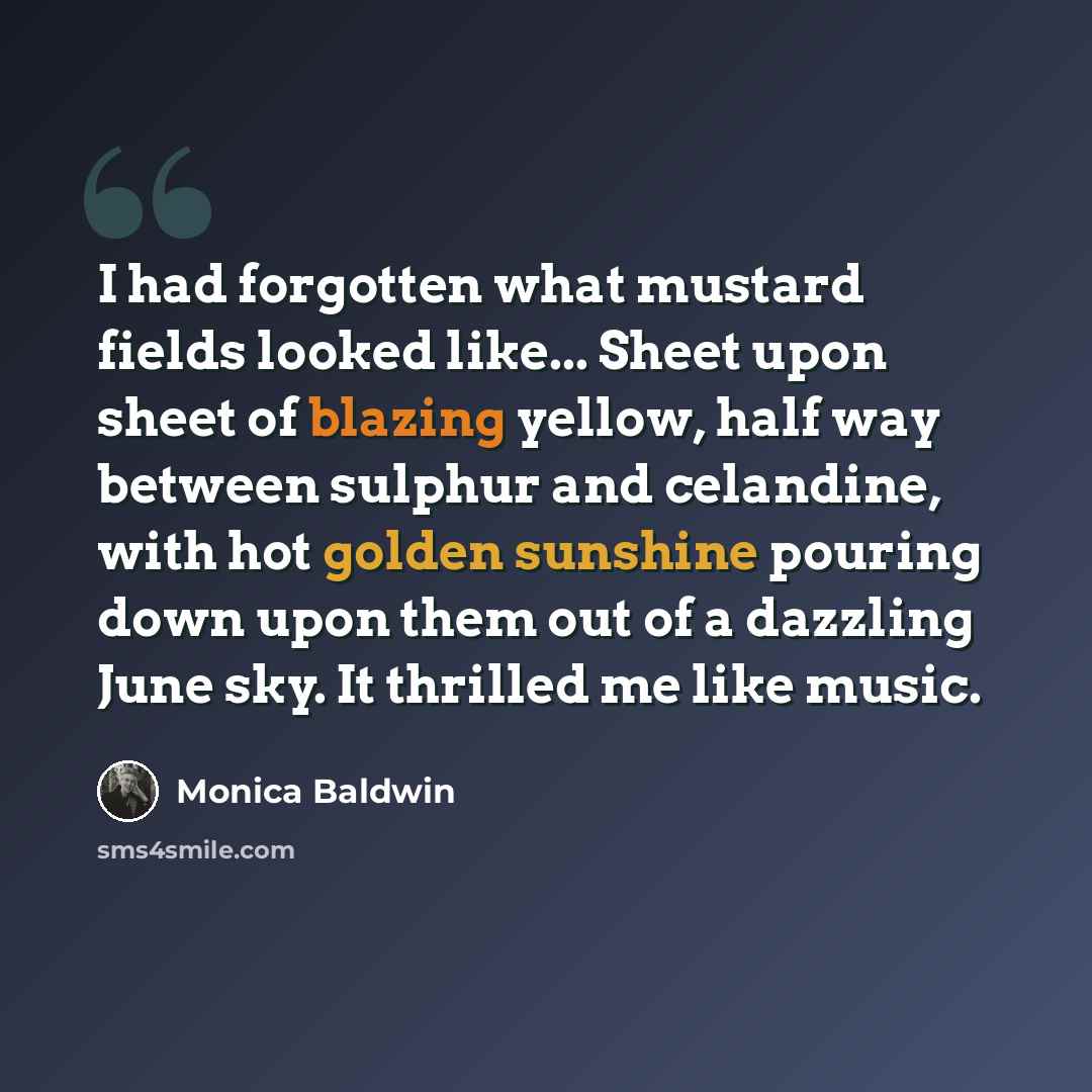 “I had forgotten what mustard fields looked like... Sheet upon sheet of blazing yellow, half way between sulphur and celandine, with hot golden sunshine pouring down upon them out of a dazzling June sky. It thrilled me like music.” quote by Monica Baldwin
