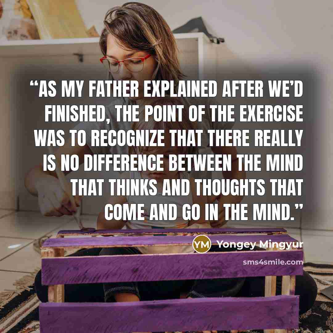 “As my father explained after we’d finished, the point of the exercise was to recognize that there really is no difference between the mind that thinks and thoughts that come and go in the mind.” quote by Yongey Mingyur