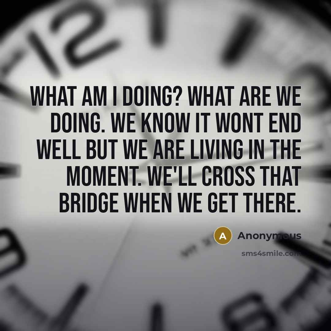 “What am I doing? What are we doing. We know it wont end well but we are living in the moment. We'll cross that bridge when we get there.” quote by Anonymous