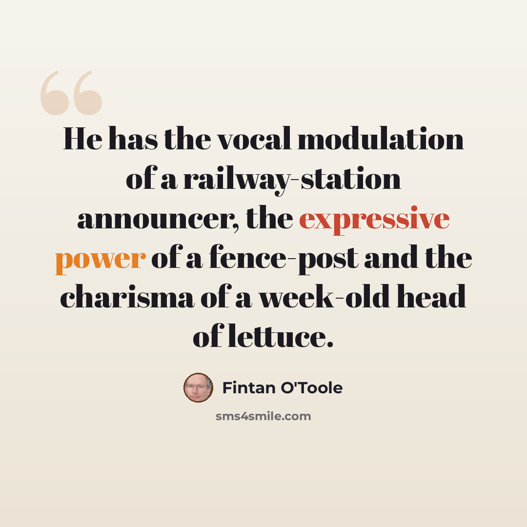 “He has the vocal modulation of a railway-station announcer, the expressive power of a fence-post and the charisma of a week-old head of lettuce.” quote by Fintan O'Toole