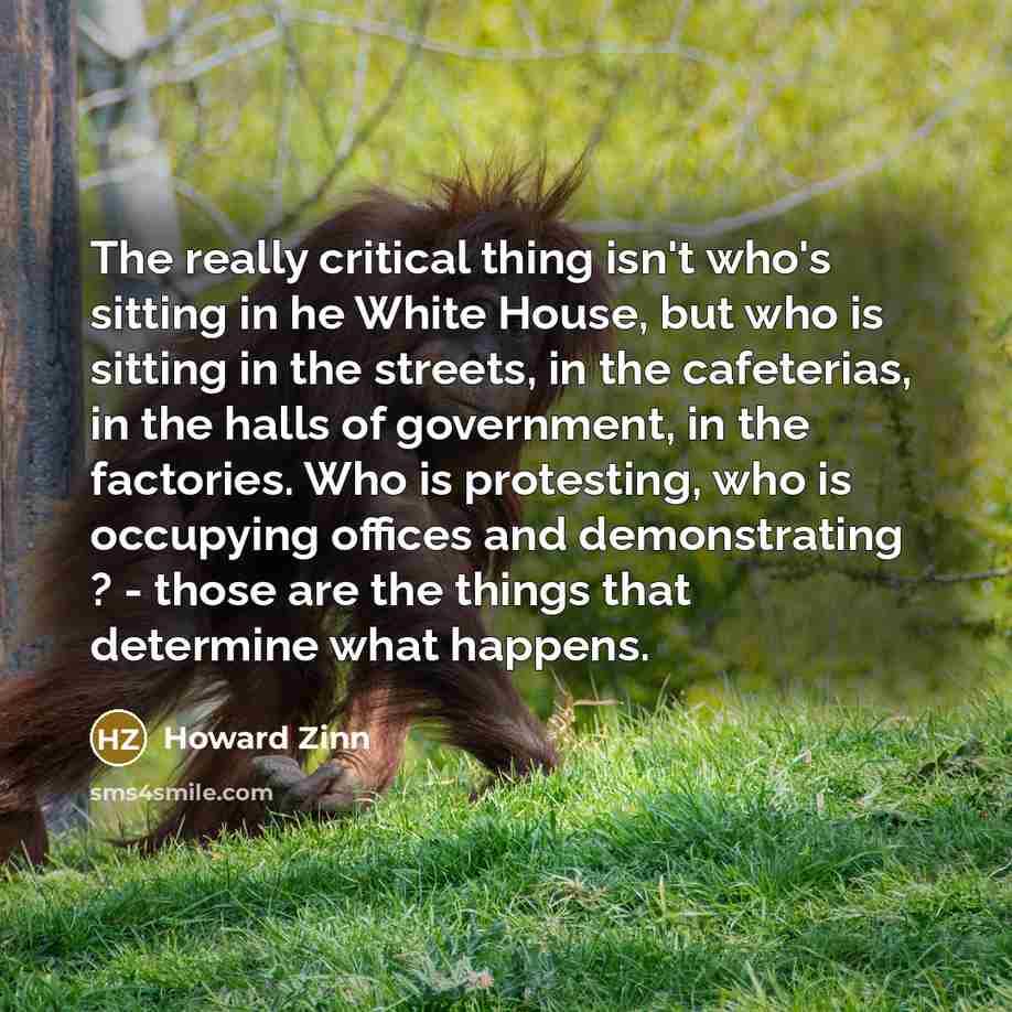 “The really critical thing isn't who's sitting in he White House, but who is sitting in the streets, in the cafeterias, in the halls of government, in the factories. Who is protesting, who is occupying offices and demonstrating ? - those are the things that determine what happens.” quote by Howard Zinn
