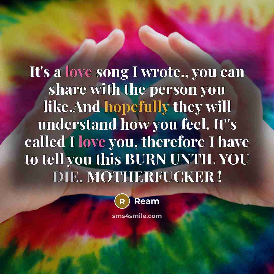 “It's a love song I wrote., you can share with the person you like.And hopefully they will understand how you feel. It''s called I love you, therefore I have to tell you this BURN UNTIL YOU DIE, MOTHERFUCKER !” quote by Ream