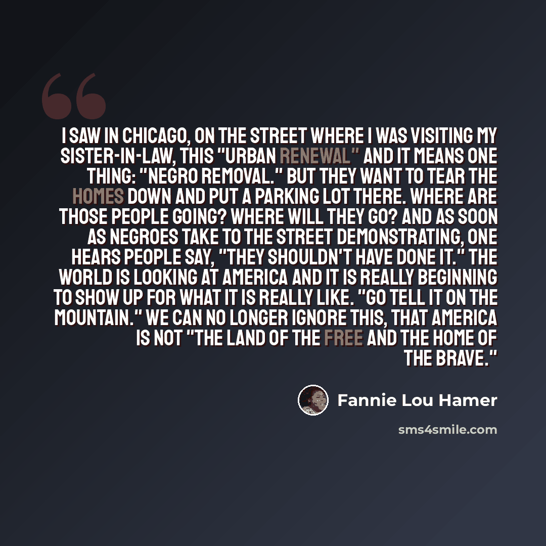 “I saw in Chicago, on the street where I was visiting my sister-in-law, this "Urban Renewal" and it means one thing: "Negro removal." But they want to tear the homes down and put a parking lot there. Where are those people going? Where will they go? And as soon as Negroes take to the street…” quote by Fannie Lou Hamer