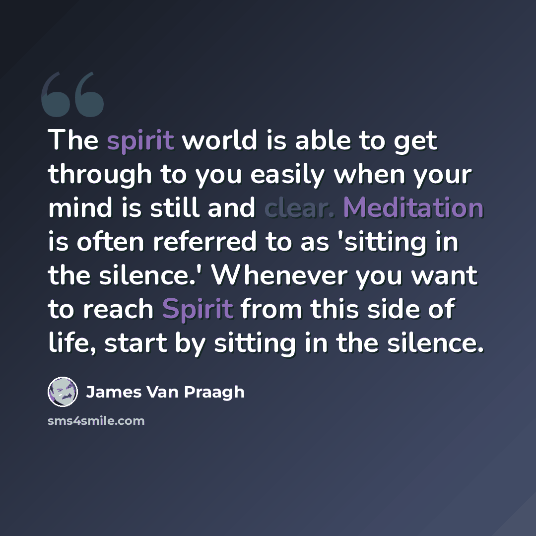 “The spirit world is able to get through to you easily when your mind is still and clear. Meditation is often referred to as 'sitting in the silence.' Whenever you want to reach Spirit from this side of life, start by sitting in the silence.” quote by James Van Praagh