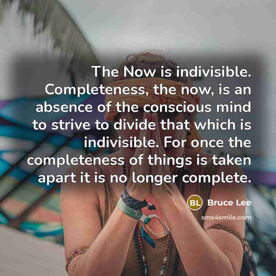 “The Now is indivisible. Completeness, the now, is an absence of the conscious mind to strive to divide that which is indivisible. For once the completeness of things is taken apart it is no longer complete.” quote by Bruce Lee