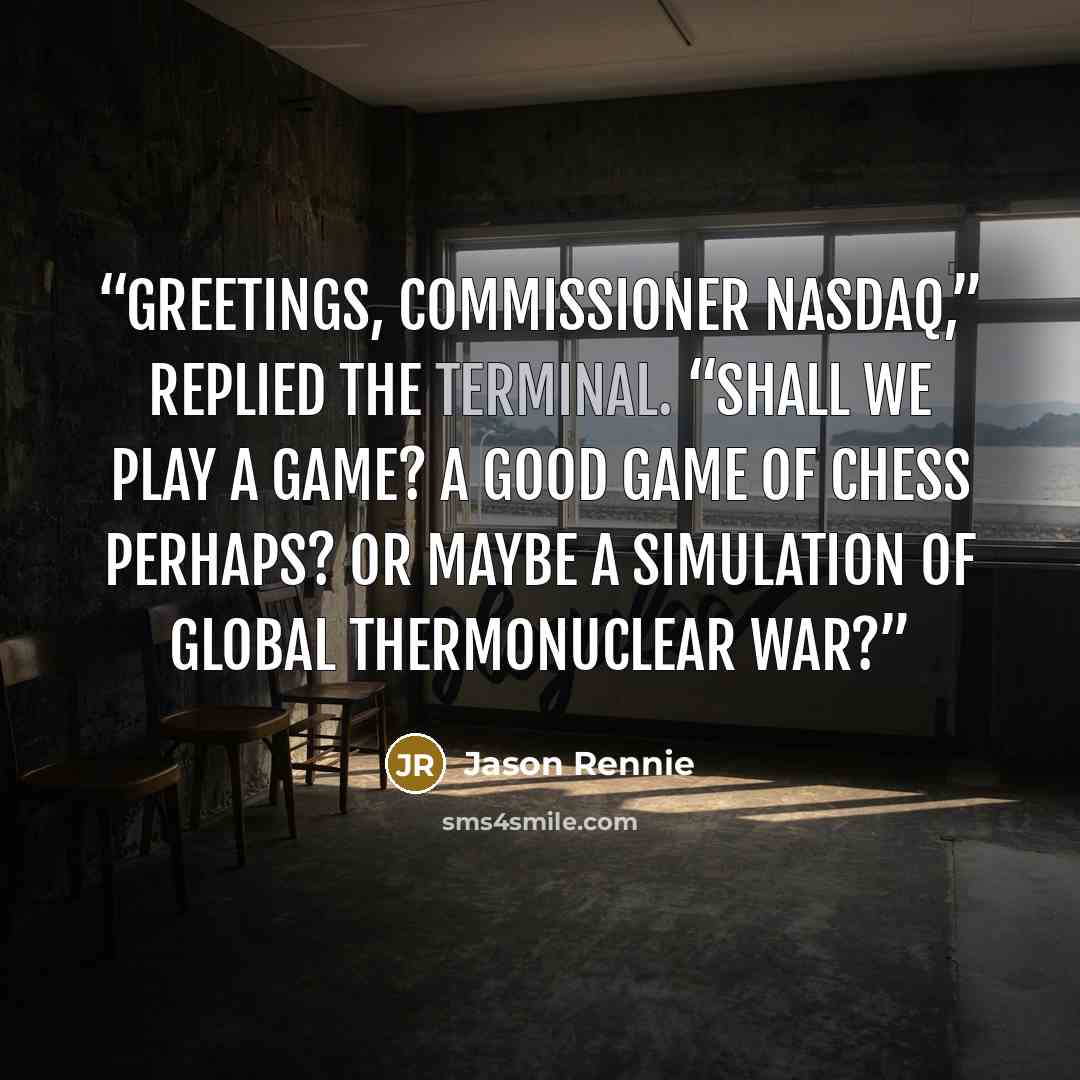 “Greetings, Commissioner Nasdaq,” replied the terminal. “Shall we play a game? A good game of chess perhaps? Or maybe a simulation of global thermonuclear war?” quote by Jason Rennie