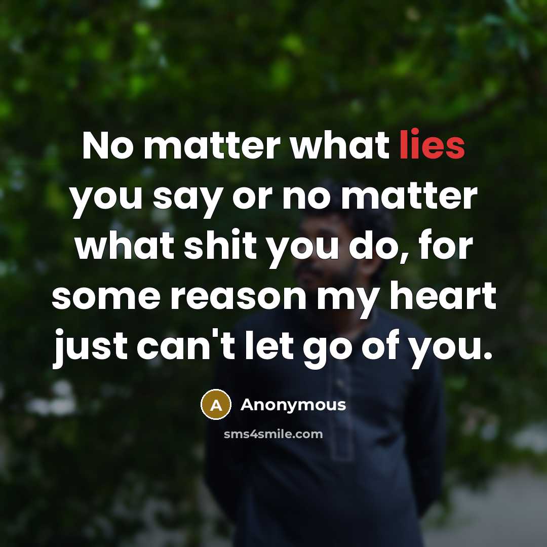 “No matter what lies you say or no matter what shit you do, for some reason my heart just can't let go of you.” quote by Anonymous