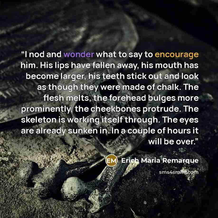 “I nod and wonder what to say to encourage him. His lips have fallen away, his mouth has become larger, his teeth stick out and look as though they were made of chalk. The flesh melts, the forehead bulges more prominently, the cheekbones protrude. The skeleton is working itself through. The eyes…” quote by Erich Maria Remarque
