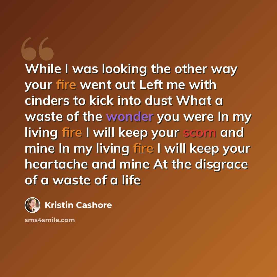 “While I was looking the other way your fire went out Left me with cinders to kick into dust What a waste of the wonder you were In my living fire I will keep your scorn and mine In my living fire I will keep your heartache and mine At the disgrace of a waste of a life” quote by Kristin Cashore