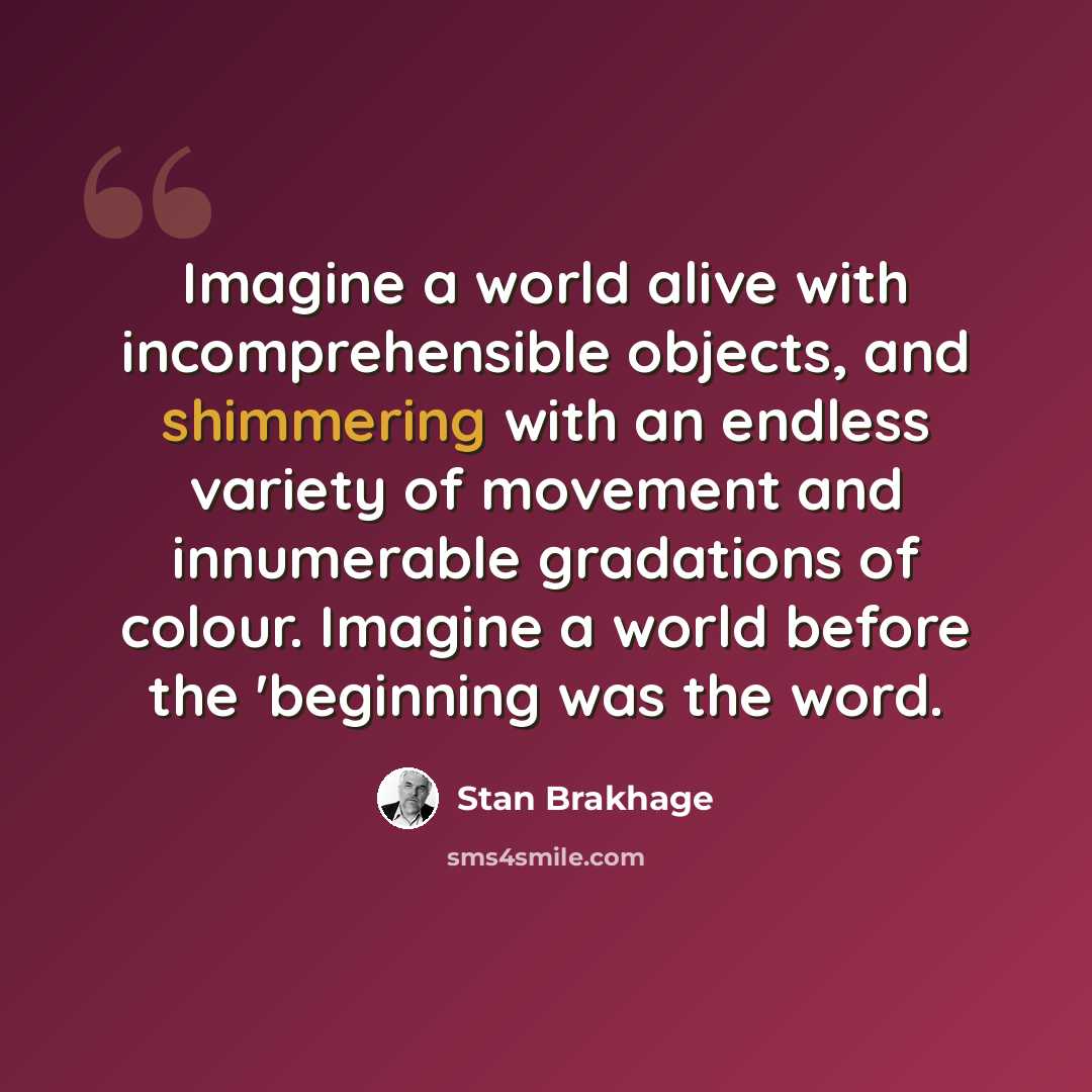 “Imagine a world alive with incomprehensible objects, and shimmering with an endless variety of movement and innumerable gradations of colour. Imagine a world before the 'beginning was the word.” quote by Stan Brakhage