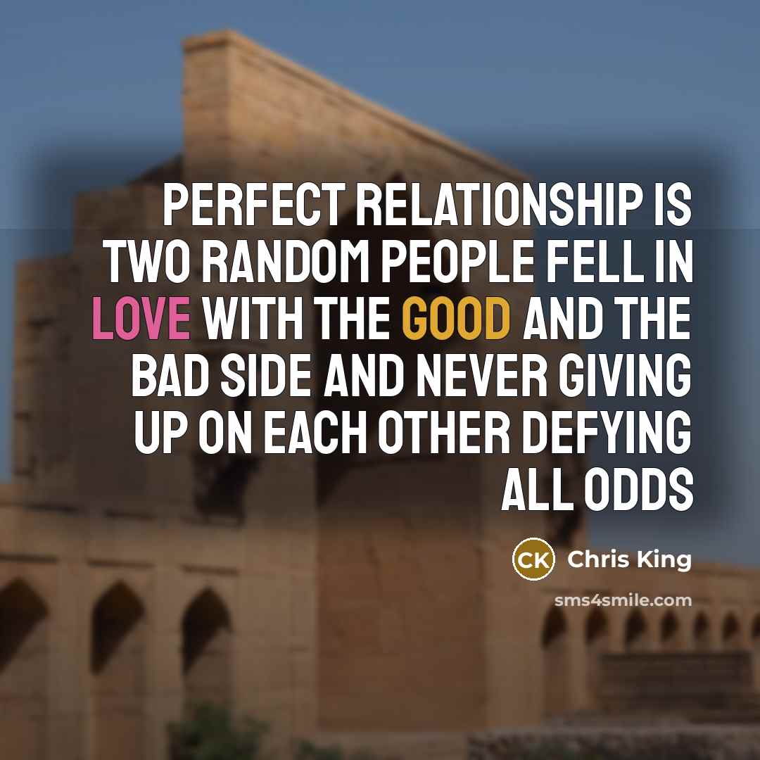 “Perfect relationship is two random people fell in love with the good and the bad side and never giving up on each other defying all odds” quote by Chris King