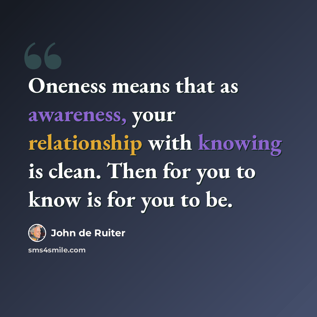“Oneness means that as awareness, your relationship with knowing is clean. Then for you to know is for you to be.” quote by John de Ruiter