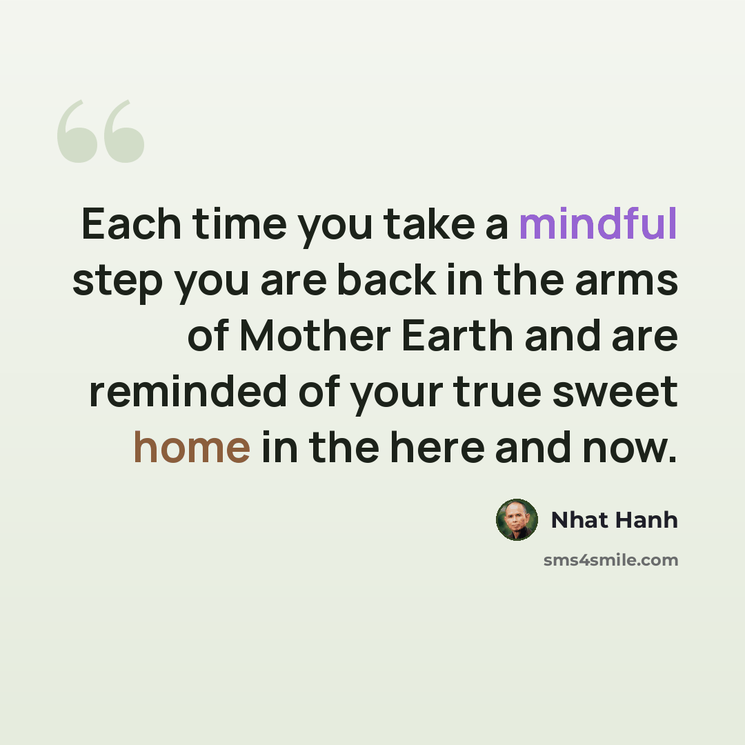 “Each time you take a mindful step you are back in the arms of Mother Earth and are reminded of your true sweet home in the here and now.” quote by Nhat Hanh