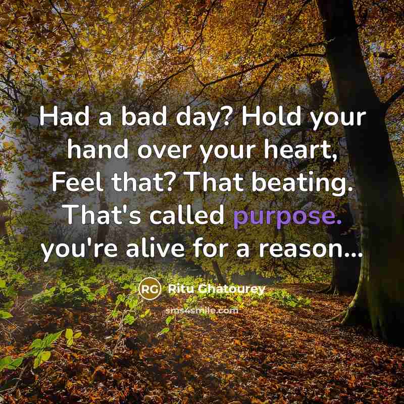 “Had a bad day? Hold your hand over your heart, Feel that? That beating. That's called purpose. you're alive for a reason...” quote by Ritu Ghatourey