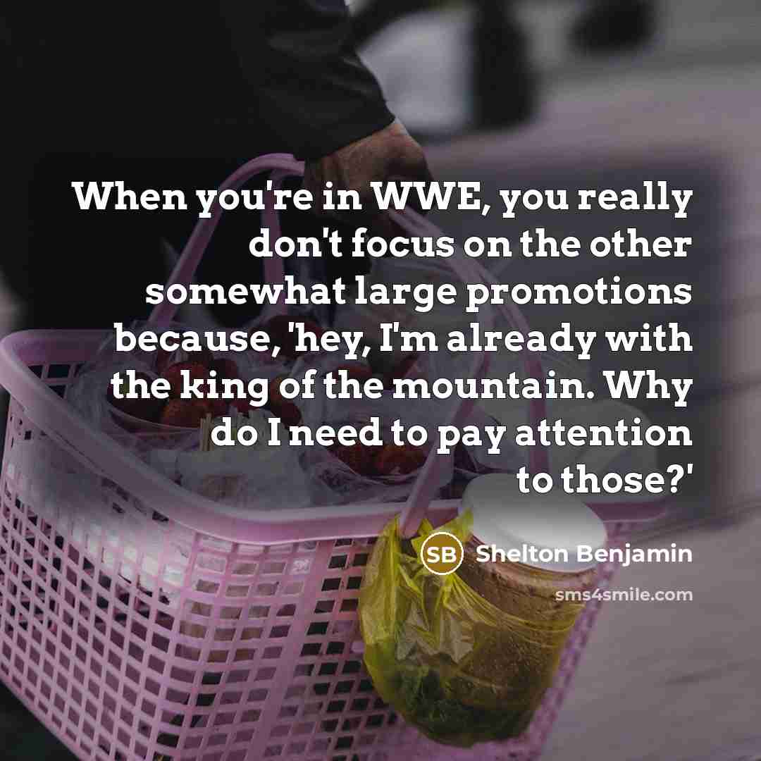 “When you're in WWE, you really don't focus on the other somewhat large promotions because, 'hey, I'm already with the king of the mountain. Why do I need to pay attention to those?'” quote by Shelton Benjamin