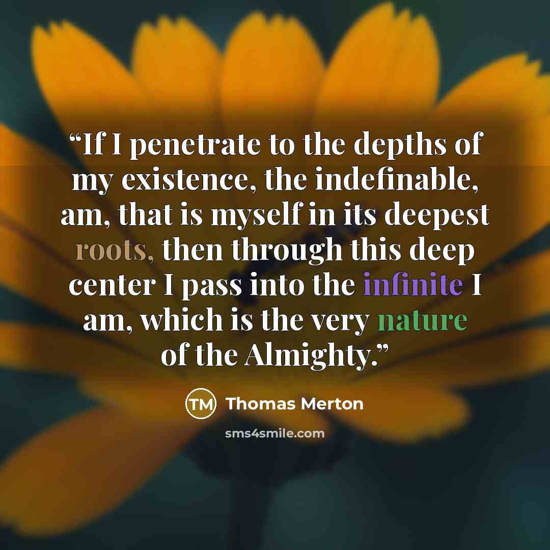 “If I penetrate to the depths of my existence, the indefinable, am, that is myself in its deepest roots, then through this deep center I pass into the infinite I am, which is the very nature of the Almighty.” quote by Thomas Merton