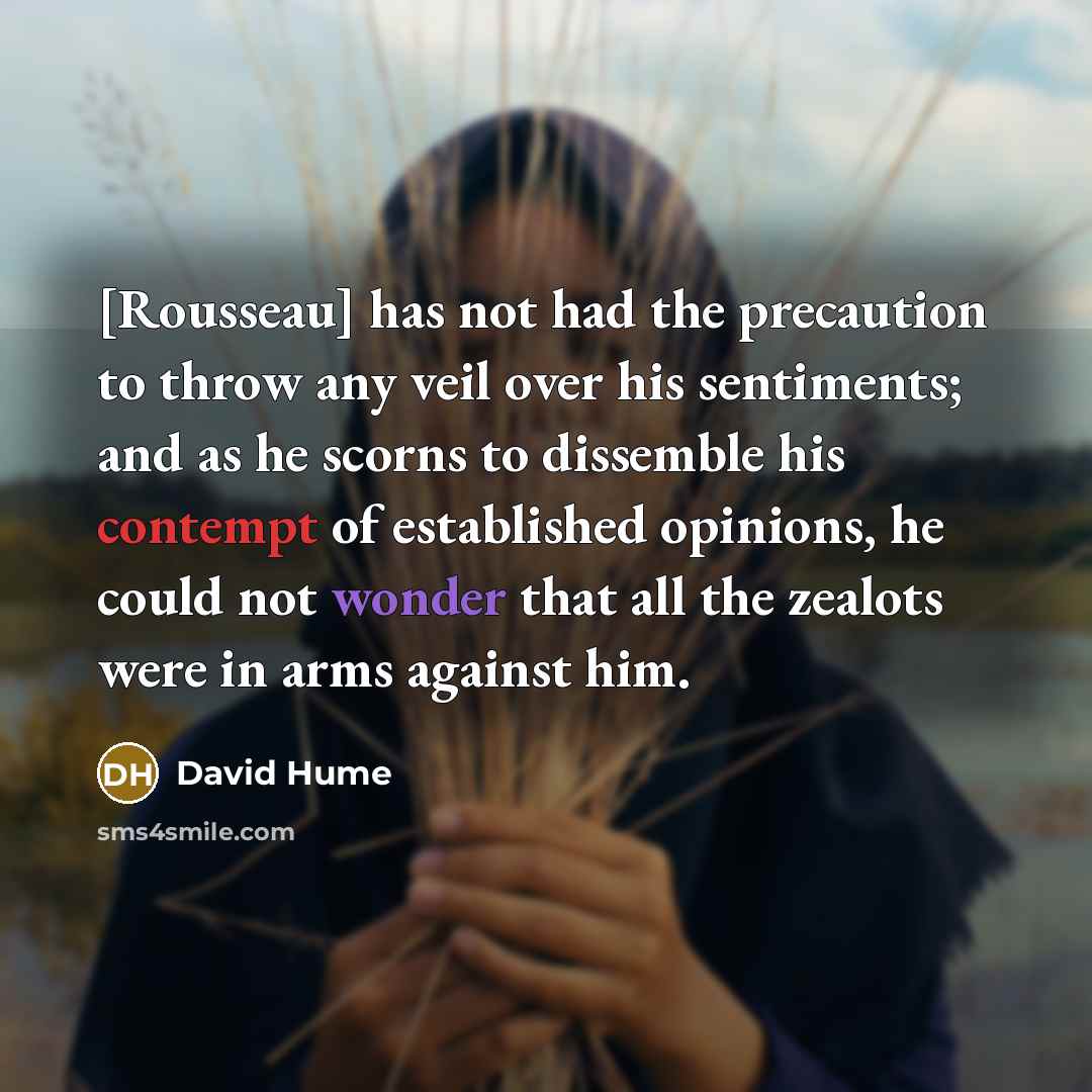 “[Rousseau] has not had the precaution to throw any veil over his sentiments; and as he scorns to dissemble his contempt of established opinions, he could not wonder that all the zealots were in arms against him.” quote by David Hume