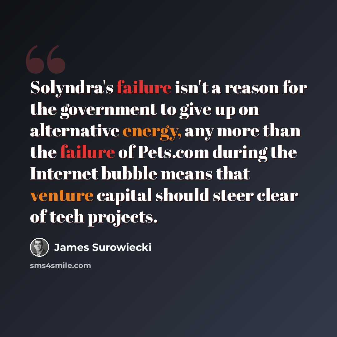 “Solyndra's failure isn't a reason for the government to give up on alternative energy, any more than the failure of Pets.com during the Internet bubble means that venture capital should steer clear of tech projects.” quote by James Surowiecki