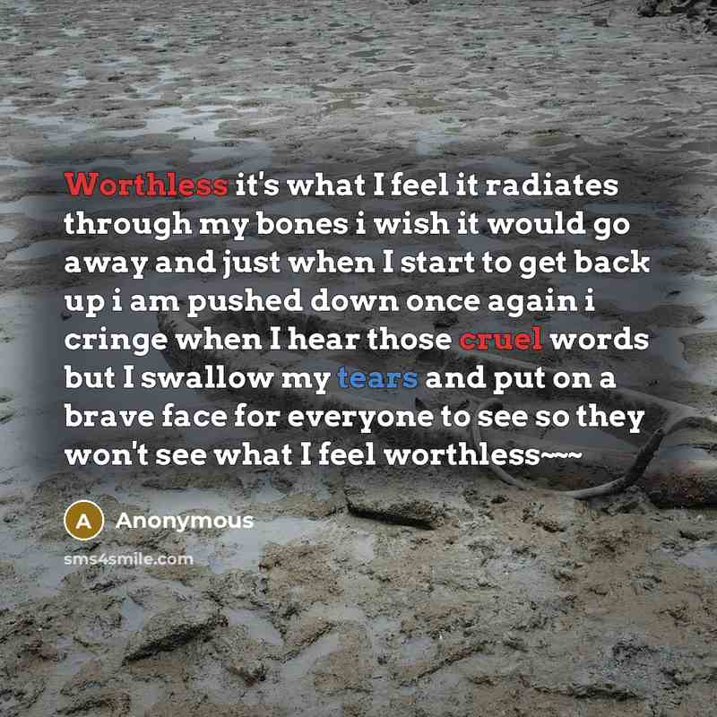 “Worthless it's what I feel it radiates through my bones i wish it would go away and just when I start to get back up i am pushed down once again i cringe when I hear those cruel words but I swallow my tears and put on a brave face for everyone to see so they won't see what I feel worthless~~~” quote by Anonymous