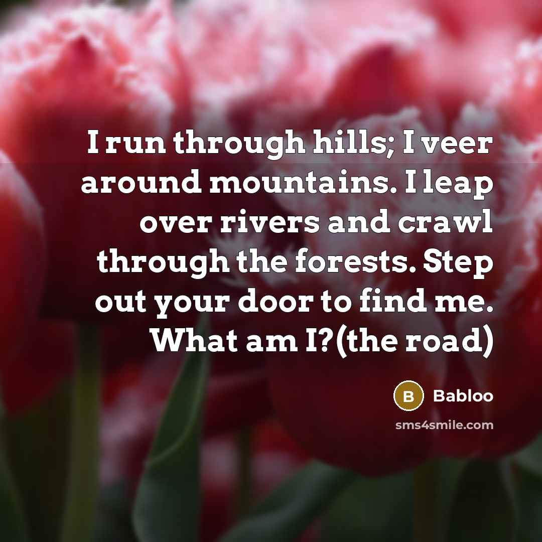 “I run through hills; I veer around mountains. I leap over rivers and crawl through the forests. Step out your door to find me. What am I?(the road)” quote by Babloo