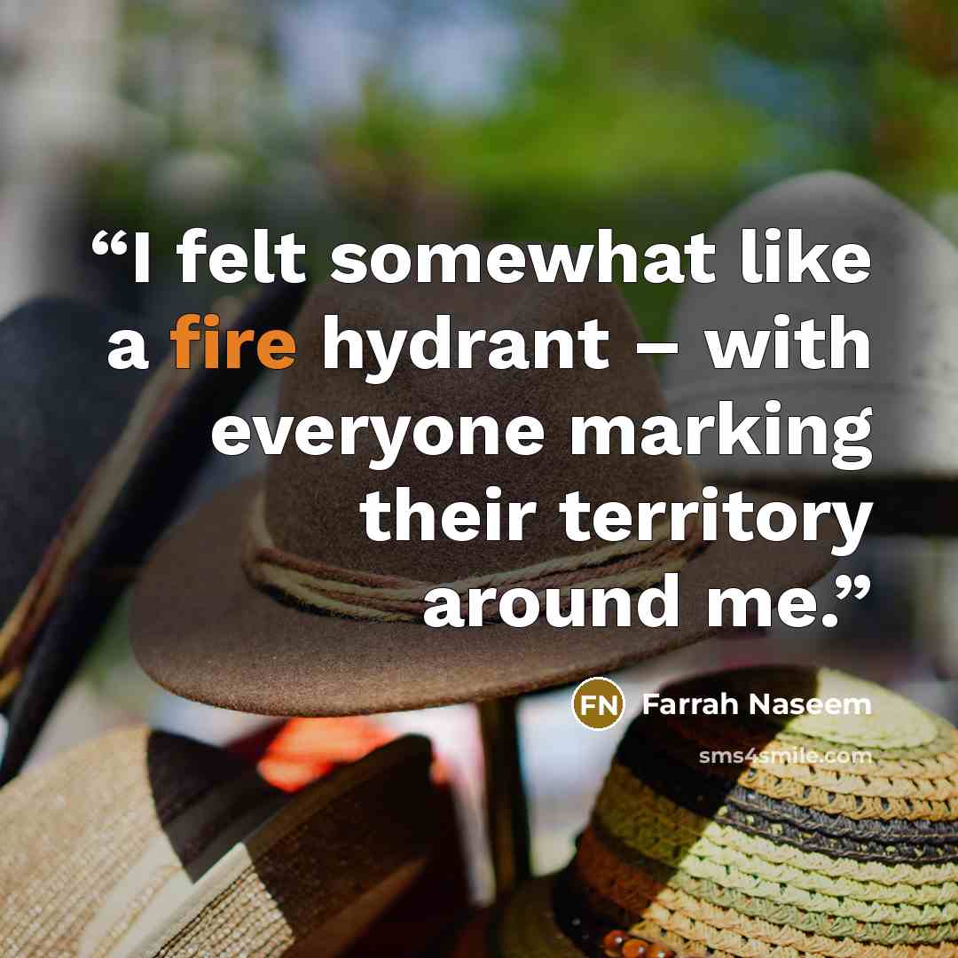 “I felt somewhat like a fire hydrant – with everyone marking their territory around me.” quote by Farrah Naseem