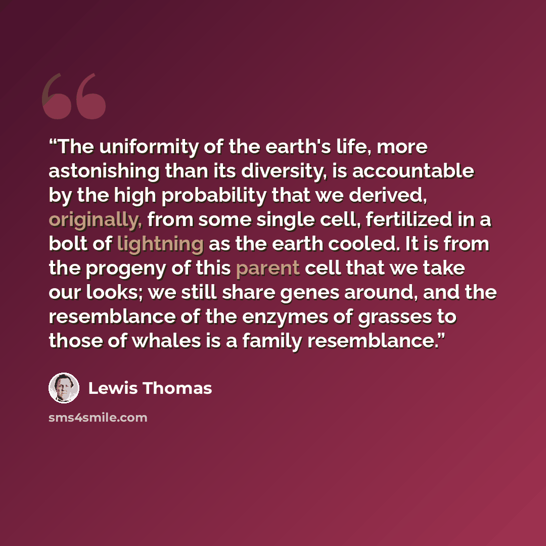 “The uniformity of the earth's life, more astonishing than its diversity, is accountable by the high probability that we derived, originally, from some single cell, fertilized in a bolt of lightning as the earth cooled. It is from the progeny of this parent cell that we take our looks; we still…” quote by Lewis Thomas