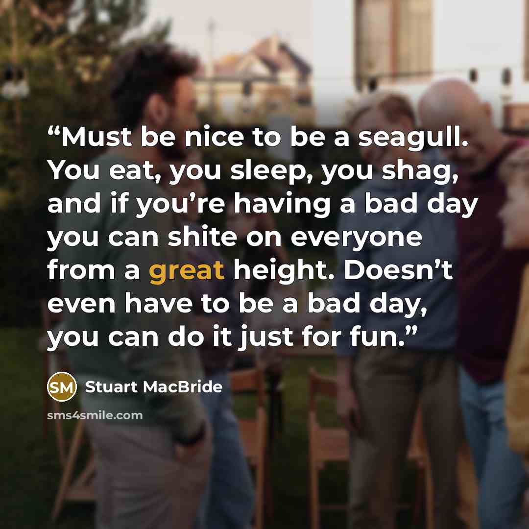 “Must be nice to be a seagull. You eat, you sleep, you shag, and if you’re having a bad day you can shite on everyone from a great height. Doesn’t even have to be a bad day, you can do it just for fun.” quote by Stuart MacBride