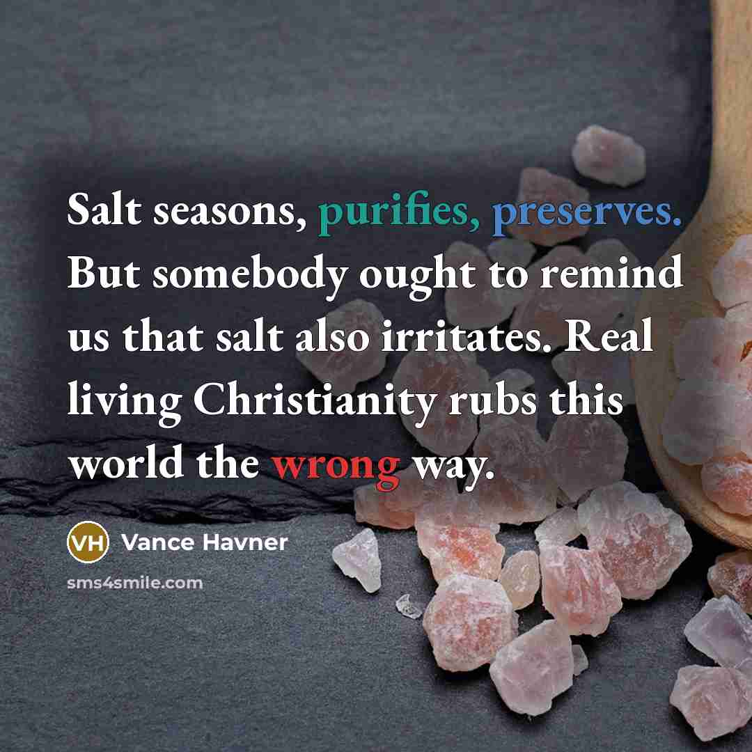 “Salt seasons, purifies, preserves. But somebody ought to remind us that salt also irritates. Real living Christianity rubs this world the wrong way.” quote by Vance Havner