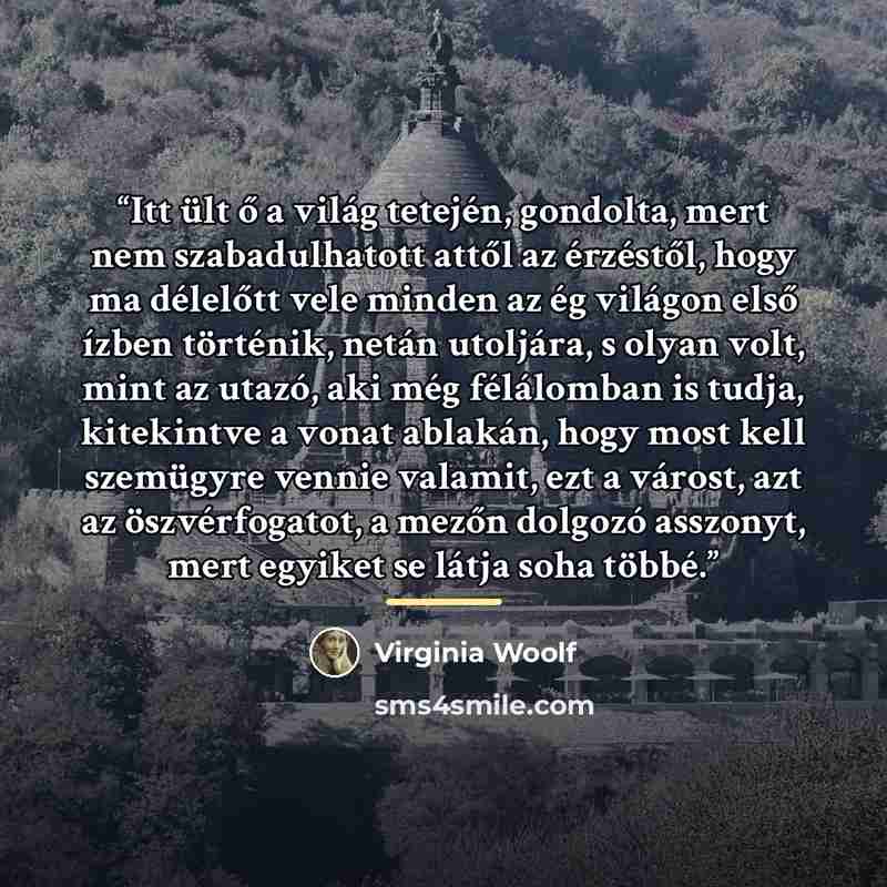 “Itt ült ő a világ tetején, gondolta, mert nem szabadulhatott attől az érzéstől, hogy ma délelőtt vele minden az ég világon első ízben történik, netán utoljára, s olyan volt, mint az utazó, aki még félálomban is tudja, kitekintve a vonat ablakán, hogy most kell szemügyre vennie valamit, ezt a…” quote by Virginia Woolf