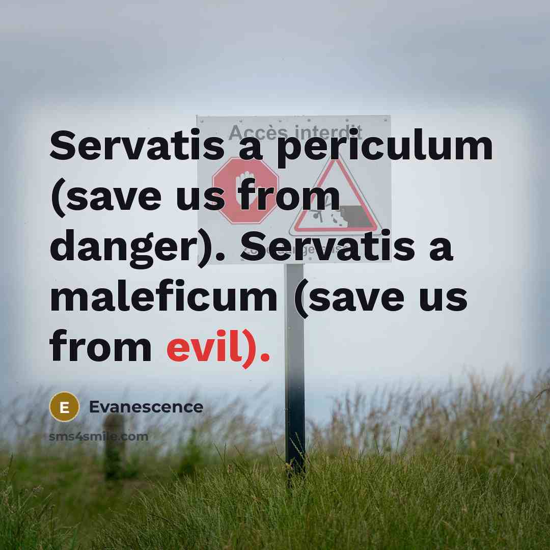 “Servatis a periculum (save us from danger). Servatis a maleficum (save us from evil).” quote by Evanescence