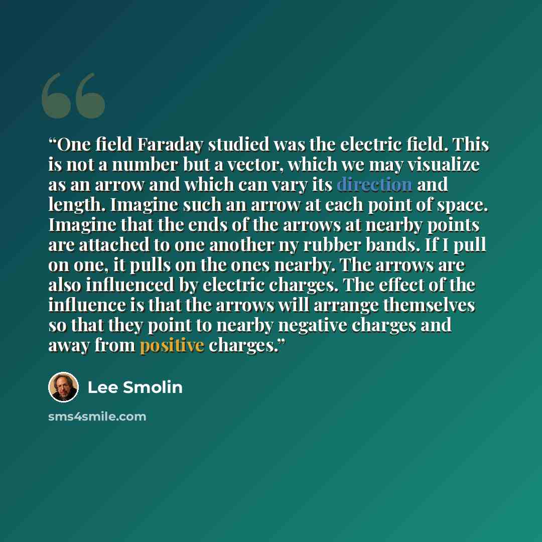 “One field Faraday studied was the electric field. This is not a number but a vector, which we may visualize as an arrow and which can vary its direction and length. Imagine such an arrow at each point of space. Imagine that the ends of the arrows at nearby points are attached to one another ny…” quote by Lee Smolin
