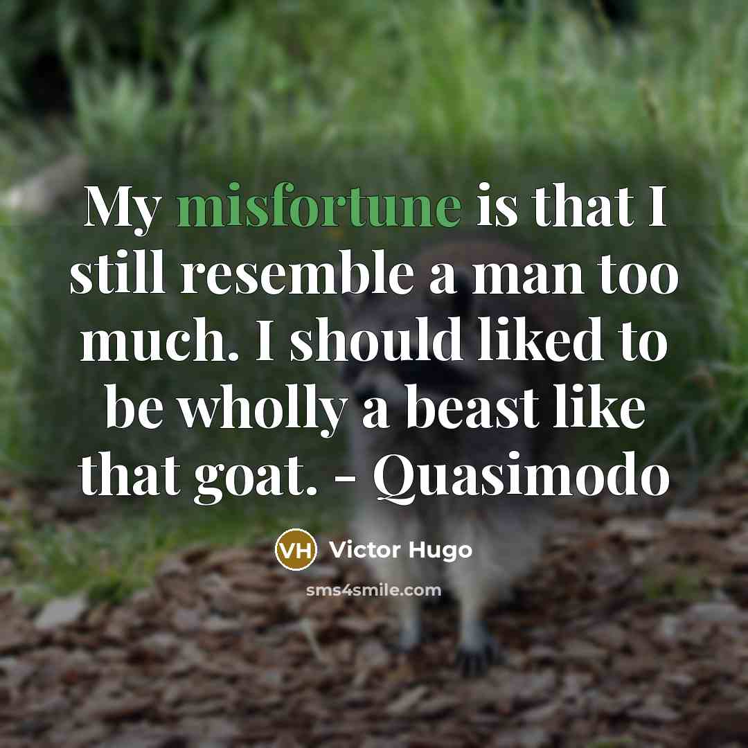 “My misfortune is that I still resemble a man too much. I should liked to be wholly a beast like that goat. - Quasimodo” quote by Victor Hugo