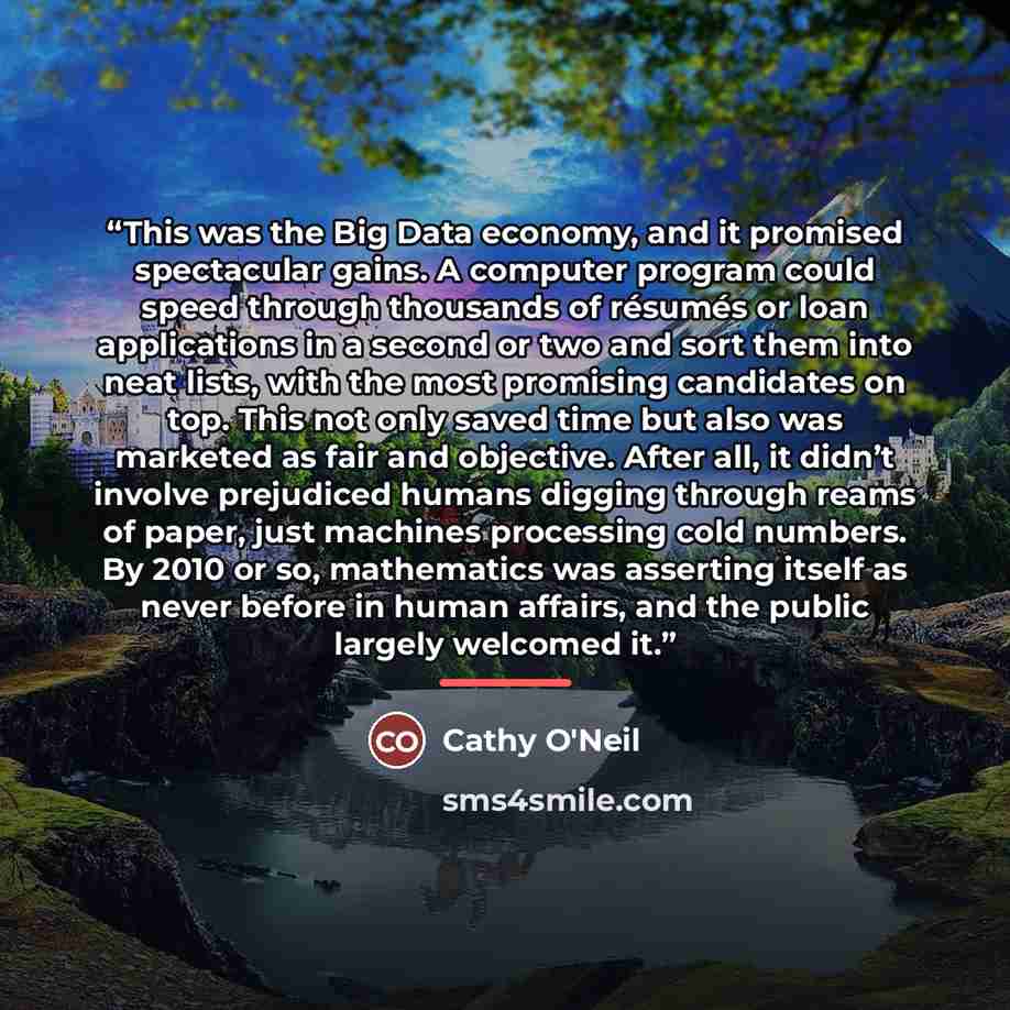 “This was the Big Data economy, and it promised spectacular gains. A computer program could speed through thousands of résumés or loan applications in a second or two and sort them into neat lists, with the most promising candidates on top. This not only saved time but also was marketed as fair and…” quote by Cathy O'Neil