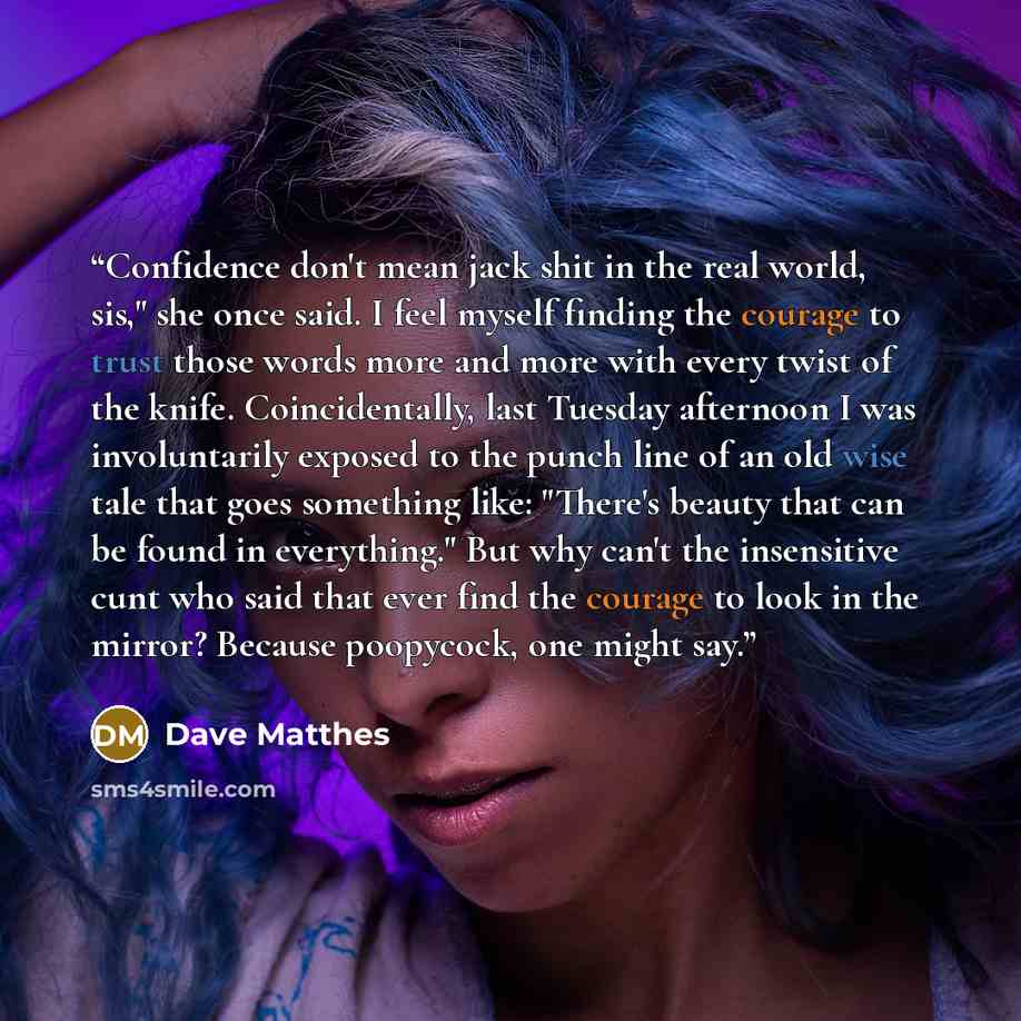 “Confidence don't mean jack shit in the real world, sis," she once said. I feel myself finding the courage to trust those words more and more with every twist of the knife. Coincidentally, last Tuesday afternoon I was involuntarily exposed to the punch line of an old wise tale that goes something…” quote by Dave Matthes